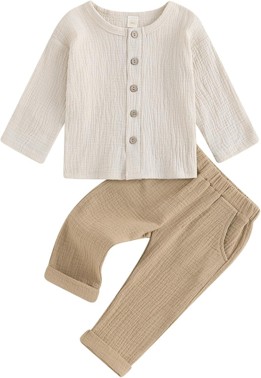 Toddler Baby Boy Clothes Cotton Linen Shirts Button down Long Sleeve Shirts Casual Pants Set 1-4Y