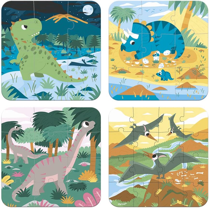 • 4 Progressive Difficulty Dinosaurs Jigsaw Puzzle • 6, 9, 12, 16 Pieces • 20 X 20 Cm Cardboard Puzzle • Educational Toys Gift for Kids Boys and Girls 2-4 Years • J02657