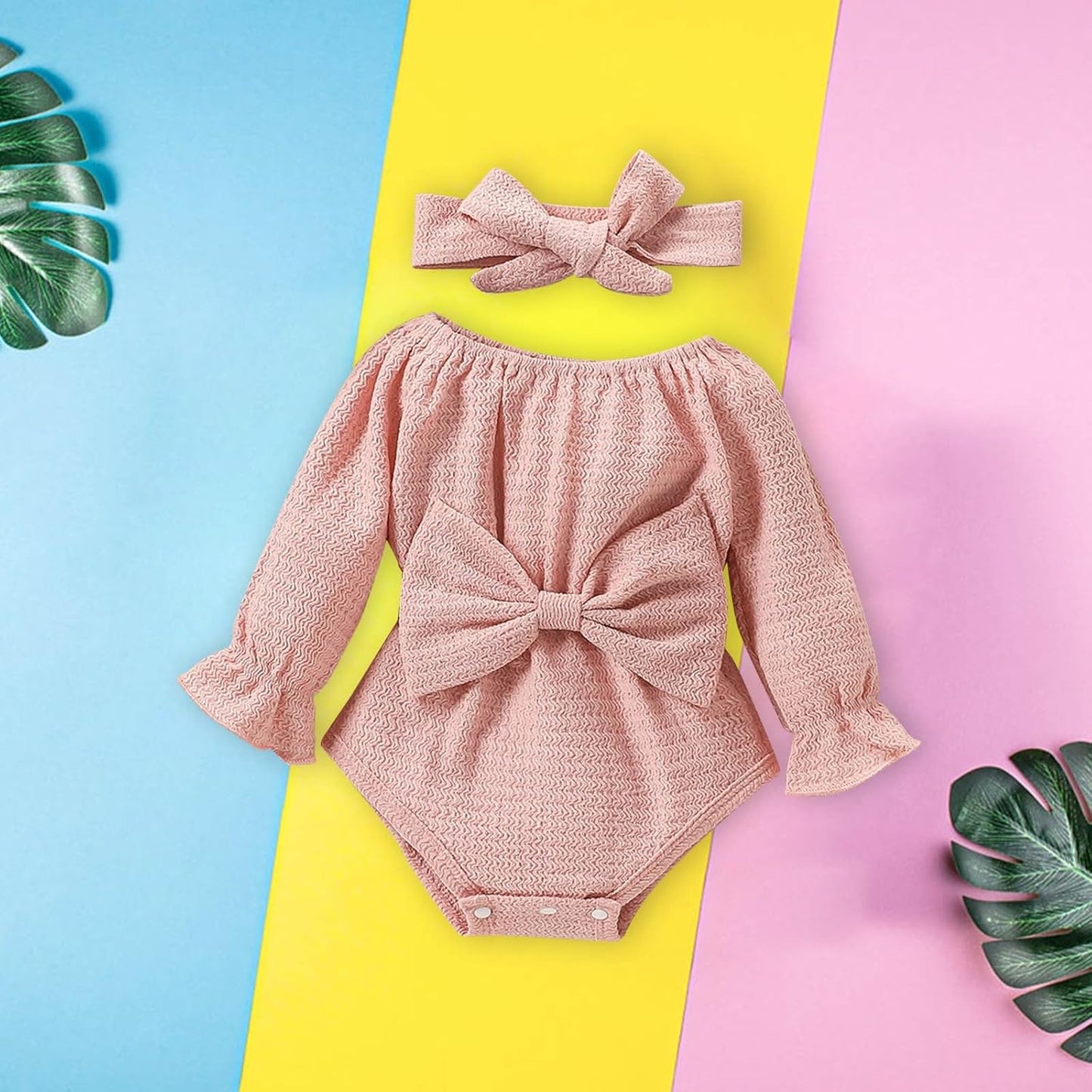 Newborn Baby Girl Spring Outfit Linen Ruffle Bubble Long Sleeve Romper Bodysuit+Headband Jumpsuit Infant Clothes