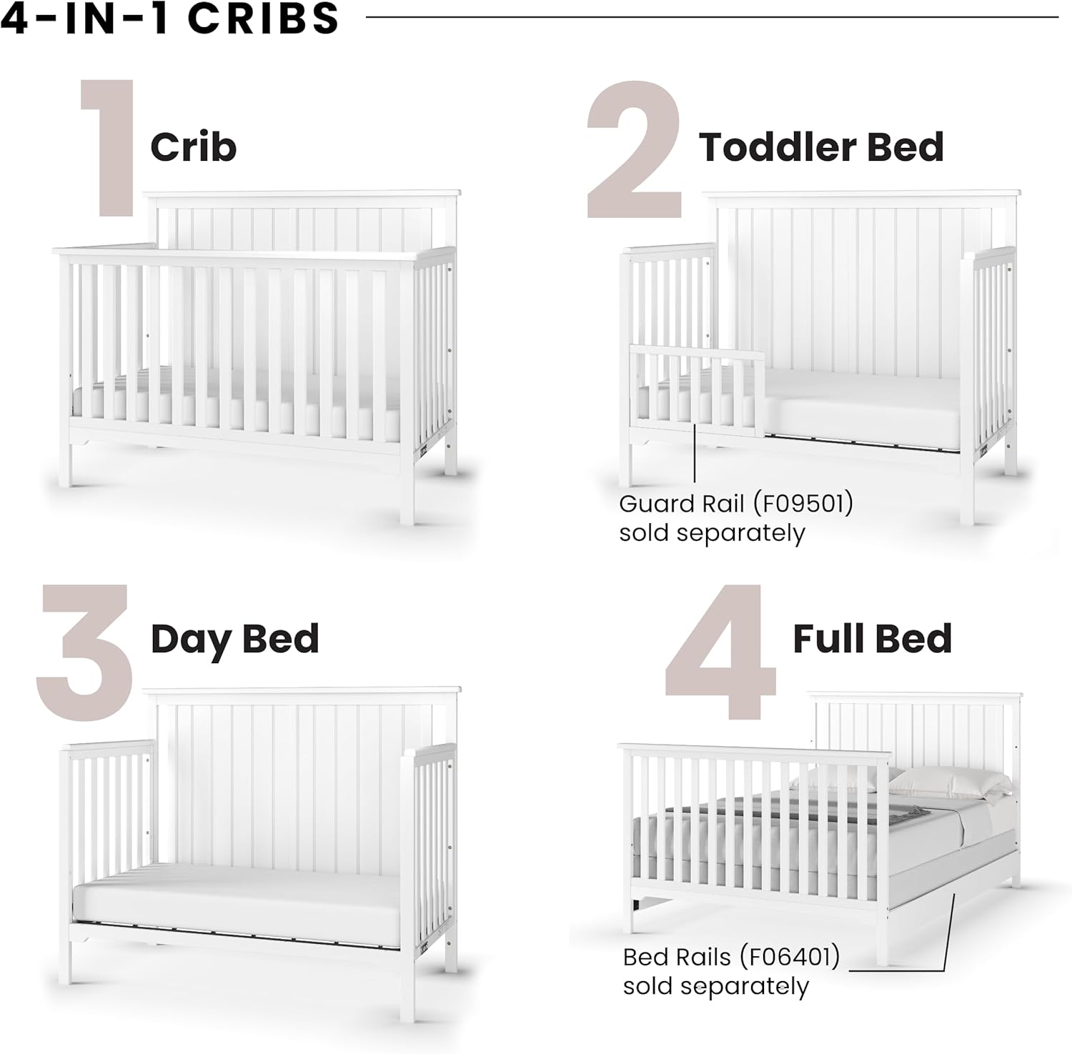 Cottage Flat Top 4 in 1 Convertible Crib, Converts from Crib to Toddler Bed, Daybed and Full-Sized Bed, Fits Standard Crib Mattress (Matte White)
