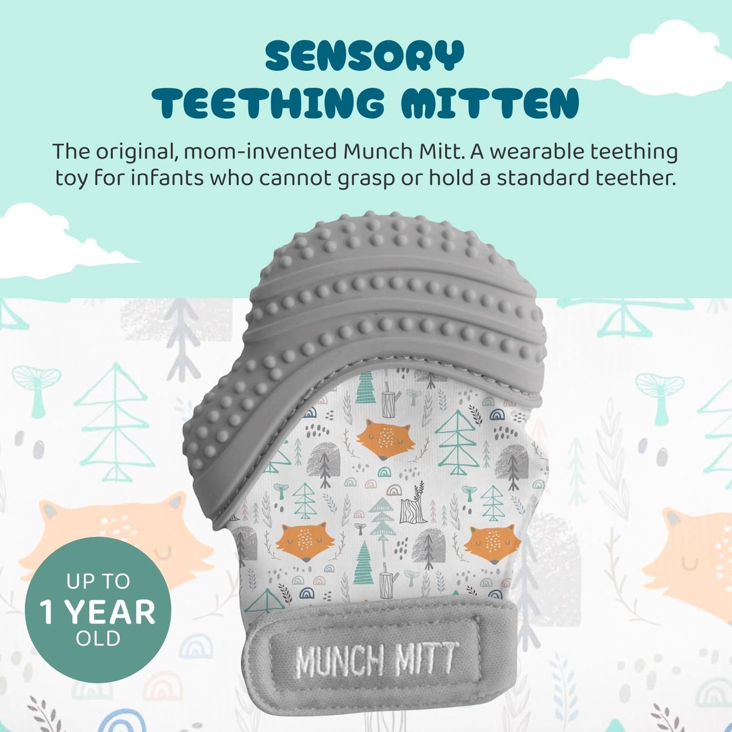 Patented Munch Mitt Baby Teething Mitten – Protects Hands from Chewing & Drool, Soothes Sore Gums, Sensory Toy, Bpa-Free Teether for Babies up to 1-Year-Old - Grey Fox