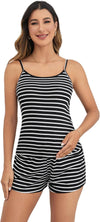 Women'S Maternity 2 Piece Outfits Rib Knit Striped Print Cami Crop Top and Shorts Set Tracksuit