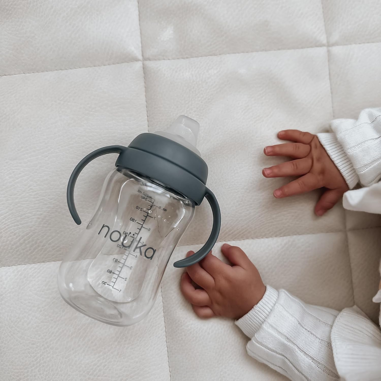 Nouka Tritan Plastic Transitional Sippy Cup with Weighted Straw | Leak Proof and Easy Grip | Removable Handles | Wave