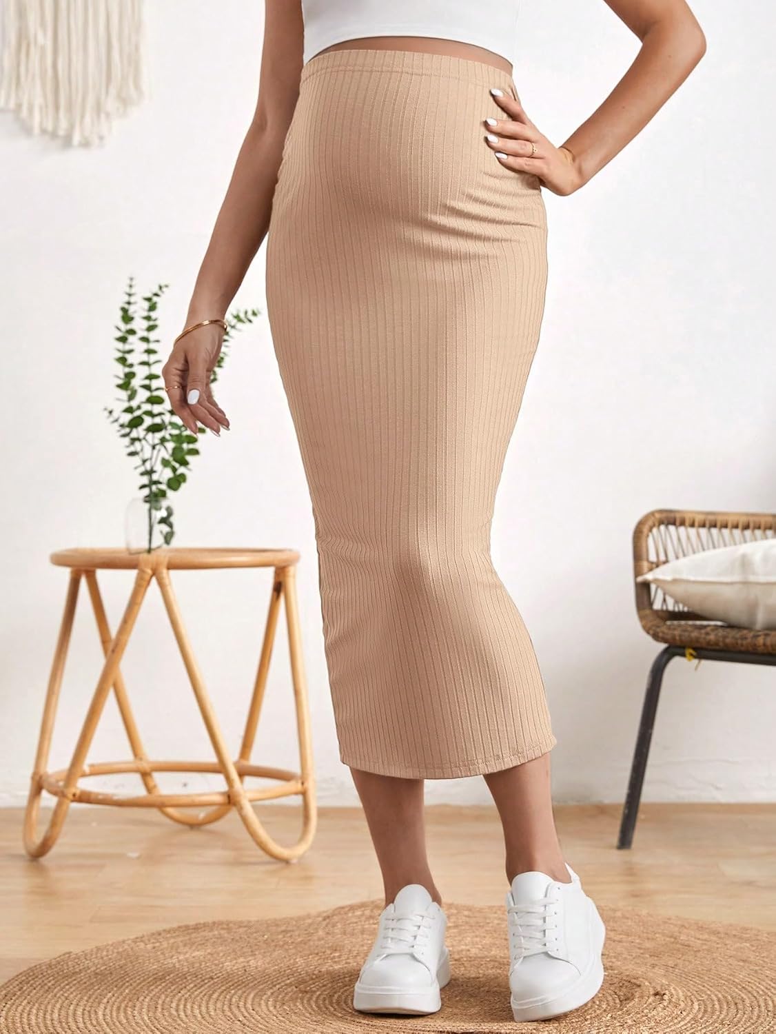 Women'S Maternity Adjustable High Waist Ribbed Knit Split Hem Midi Pencil Skirt