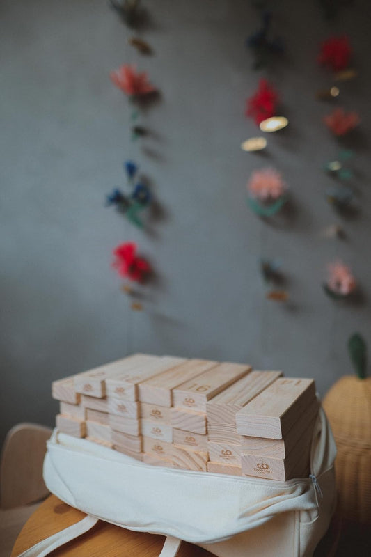 Giant Stackers | Natural Pinewood Giant Wooden Blocks Kids Game | Sustainable & Eco-Friendly | 54 Blocks and Cotton Storage Bag