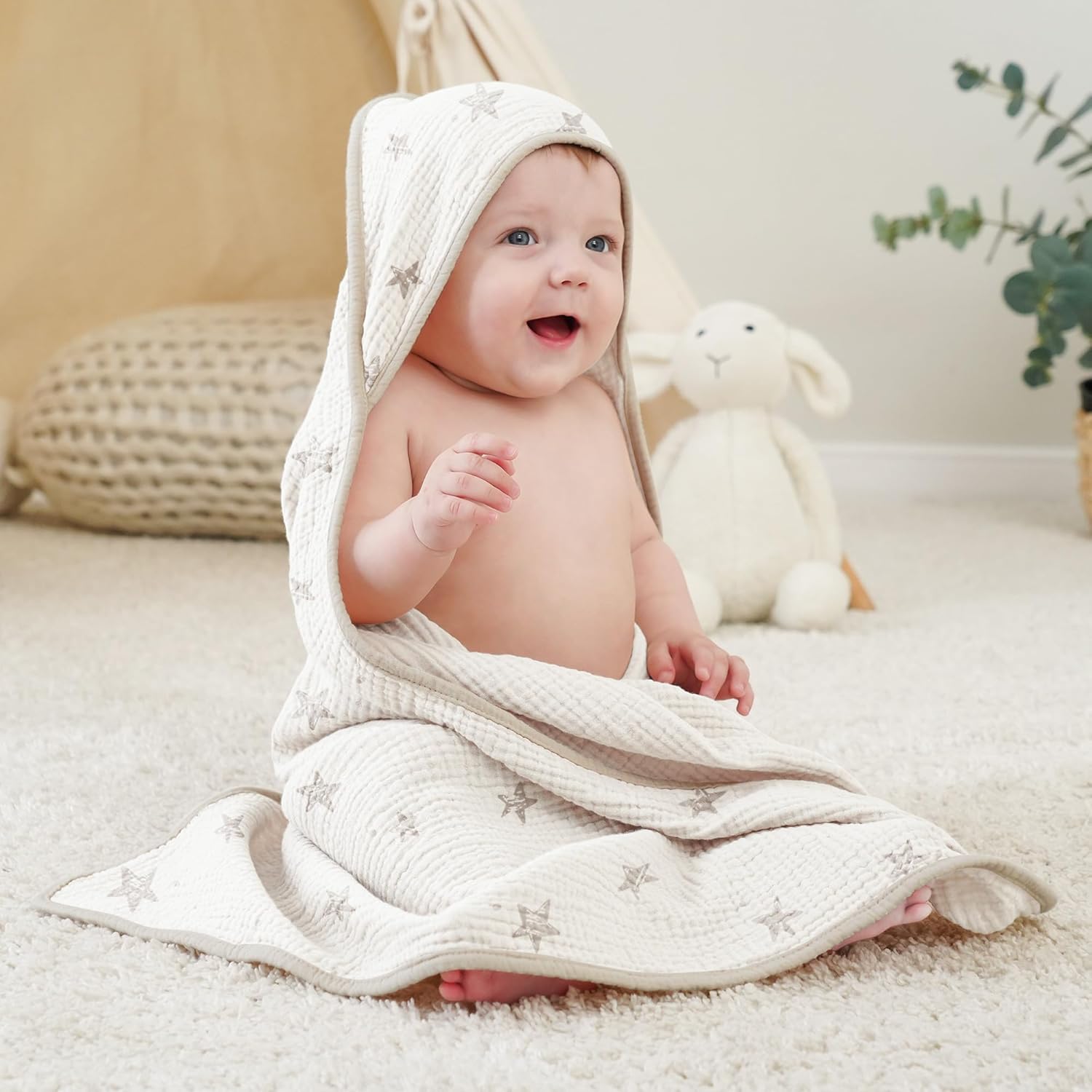 Muslin Baby Bath Towels 100% Cotton Baby Hooded Bathing Towels for Newborn Unisex Baby Boys Girls Infants Toddlers & Kids - 30X30In 2Pack (Cream Star)