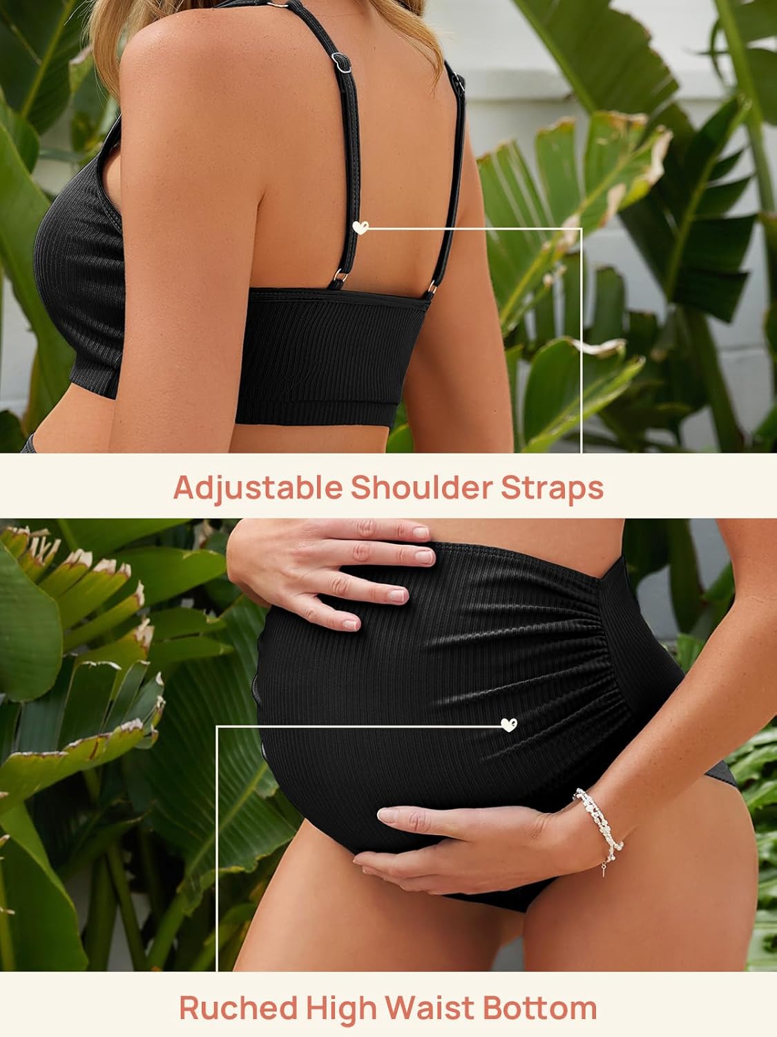 Maternity Ribbed High Waist Swimsuit Crop Top Bikini Bathing Suit High Cut Two Piece Pregnancy Swimwear