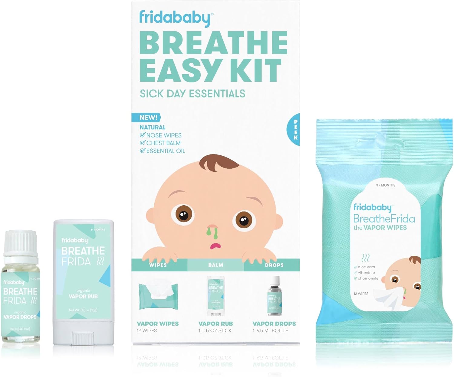 Fridababy Baby & Toddler Breathe Easy Kit Sick Day Essentials,A Must-Have Set Includes Natural Nose & Chest Wipes, Organic No-Mess Chest Balm, & Organic Essential Oil for Bath or Diffuser