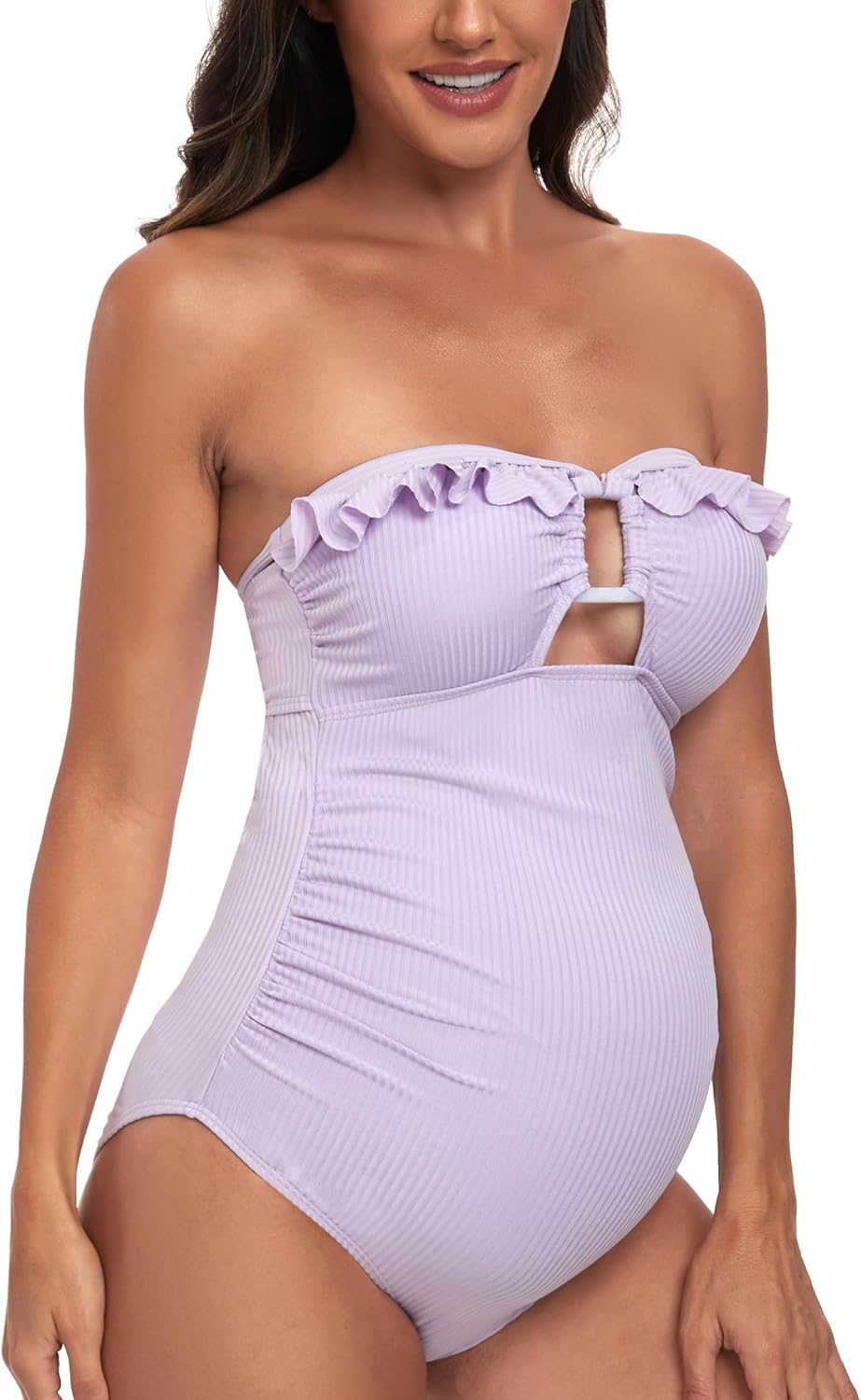 Maternity Ruffle Ribbed Cutout One Piece Swimwear Square Ring Linked Pregnancy Bathing Suit