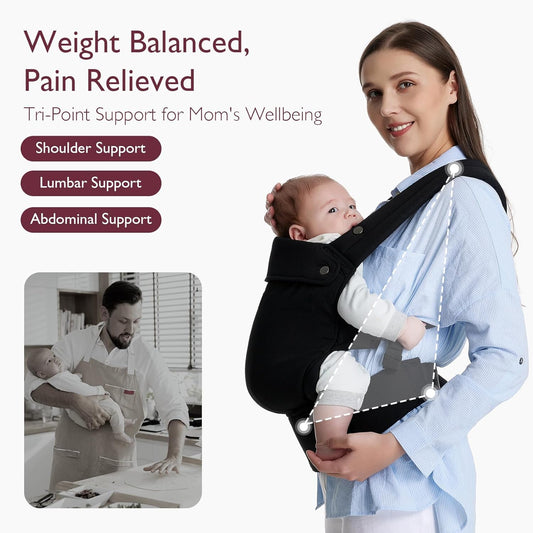Baby Carrier Newborn to Toddler - Ergonomic, Cozy and Lightweight Infant Carrier for 7-44Lbs, Effortless to Put On, Ideal for Hands-Free Parenting, Enhanced Lumbar Support, Black