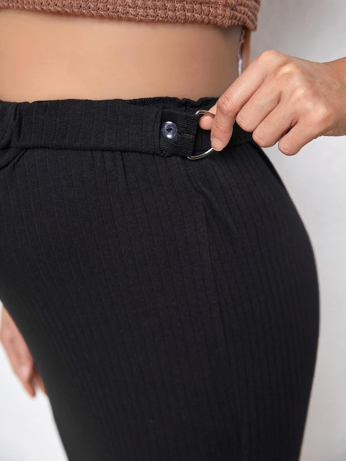 Women'S Maternity Ribbed Knit High Waist Slit Hem Solid Pregnancy Midi Skirt