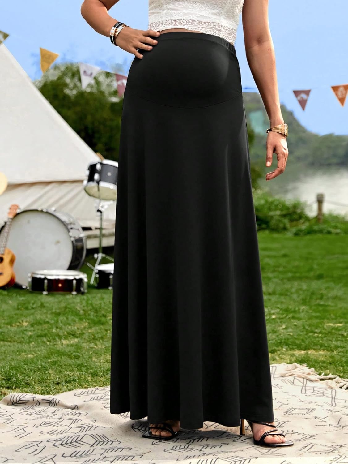 Women'S Maternity High Waist a Line Flared Swing Pregnancy Long Maxi Skirt