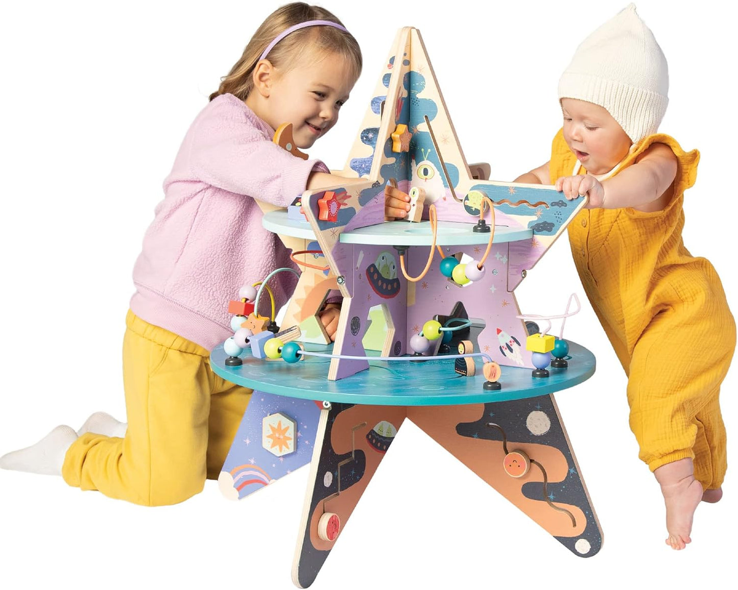 Double-Decker Celestial Star Explorer Wooden Activity Center with Shape Gliders, Spinners, Bead Runs & Alluring Artwork