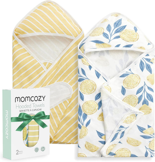 Baby Hooded Towel, 2 Pack Baby Towel Set, Super Soft Bath Towel with Original Design, Shower Gifts for Infant, Toddler (28 X 28 Inch, Lemon Leaves)