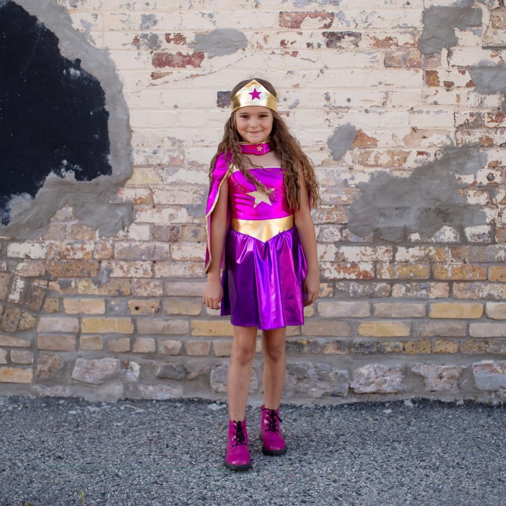 Superhero Star Dress, Cape & Headpiece, Magenta/Purple, Size 5-6