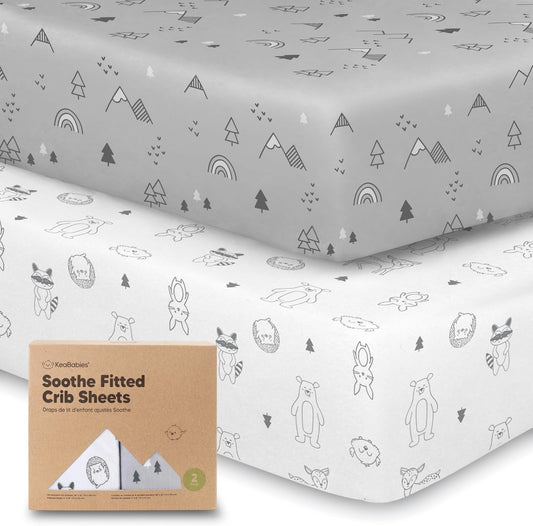2-Pack Organic Crib Sheets for Boys, Girls - Fitted Crib Mattress Sheet Neutral, Breathable Jersey Cotton Cover for Baby Bed, Toddler Mattress, Soft & Cute Prints (Woodland)