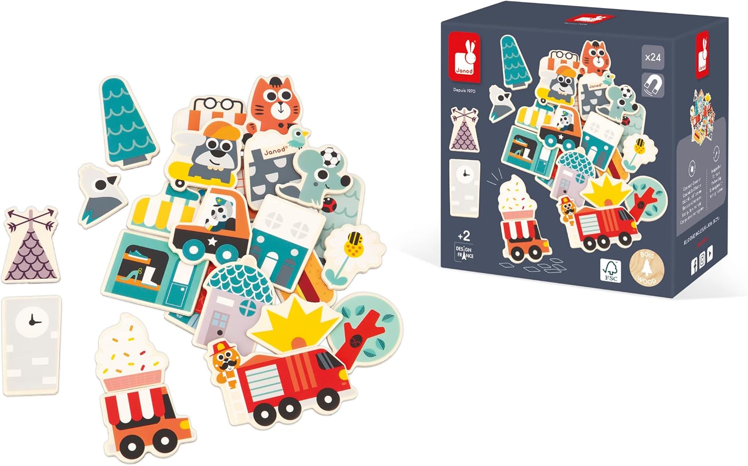 - City Magnets - 24 Wooden Pieces - City FSC - Educational Game Accessories for Board from 24 Months - Multilingual - J09642
