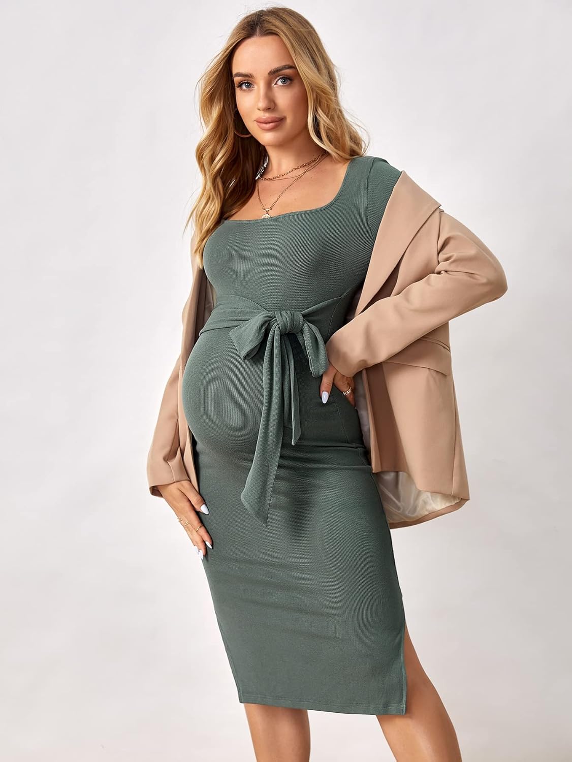 Women'S Maternity Rib Knit Split Hem Knot Front Square Neck Long Sleeve Bodycon Midi Dress