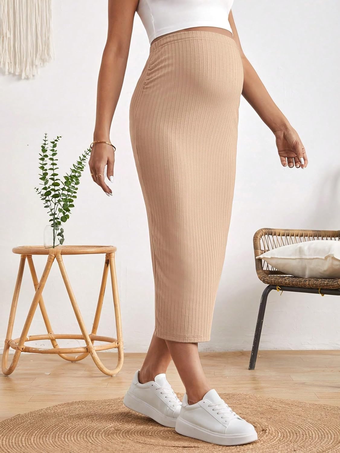 Women'S Maternity Adjustable High Waist Ribbed Knit Split Hem Midi Pencil Skirt