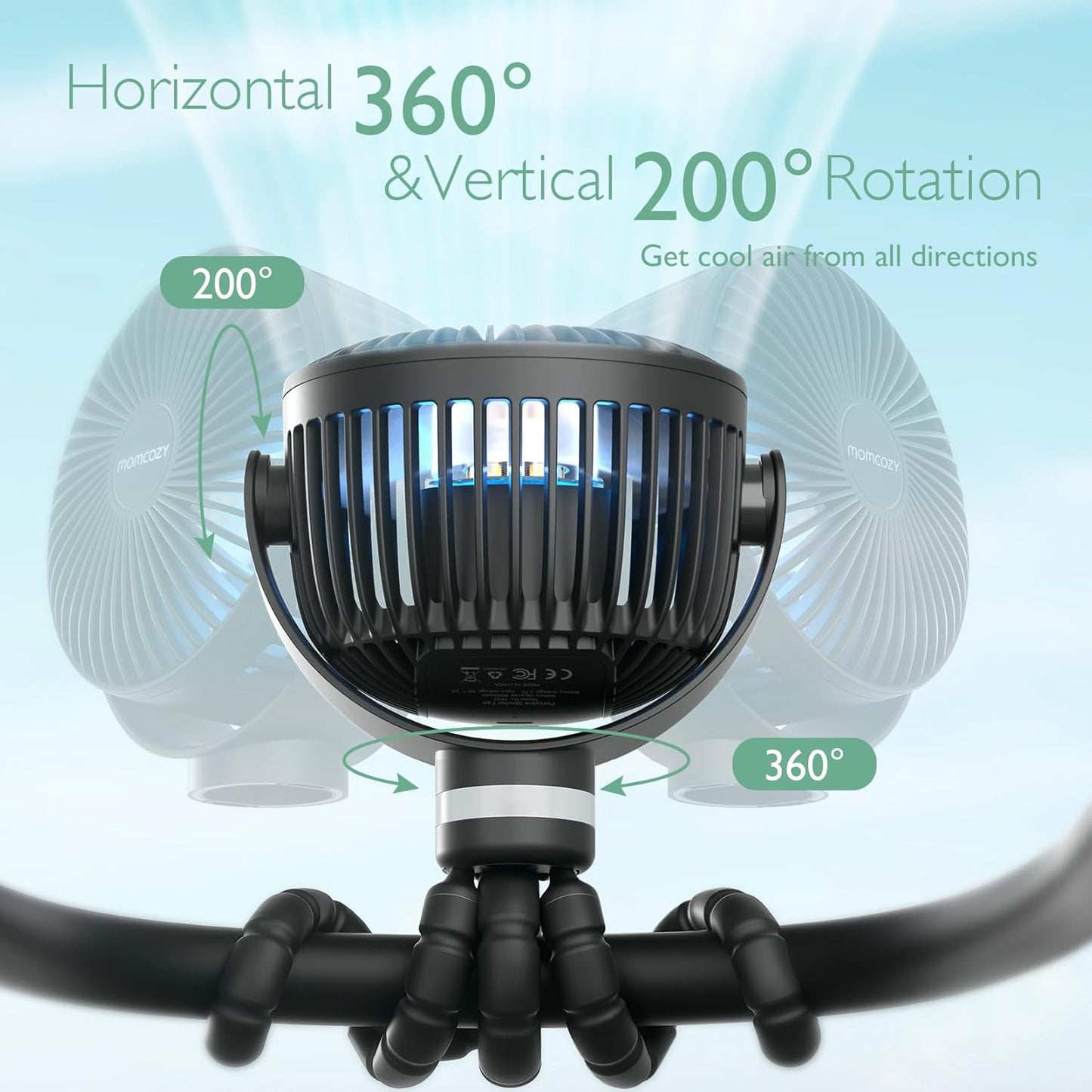 Portable Stroller Fan, 27H Ultra-Long Battery Life, Detachable 4 Speed 360°Rotate, LED Night Light with 2 Modes, USB Rechargeable and Handheld Cooling Fan for Travel, Car Seat