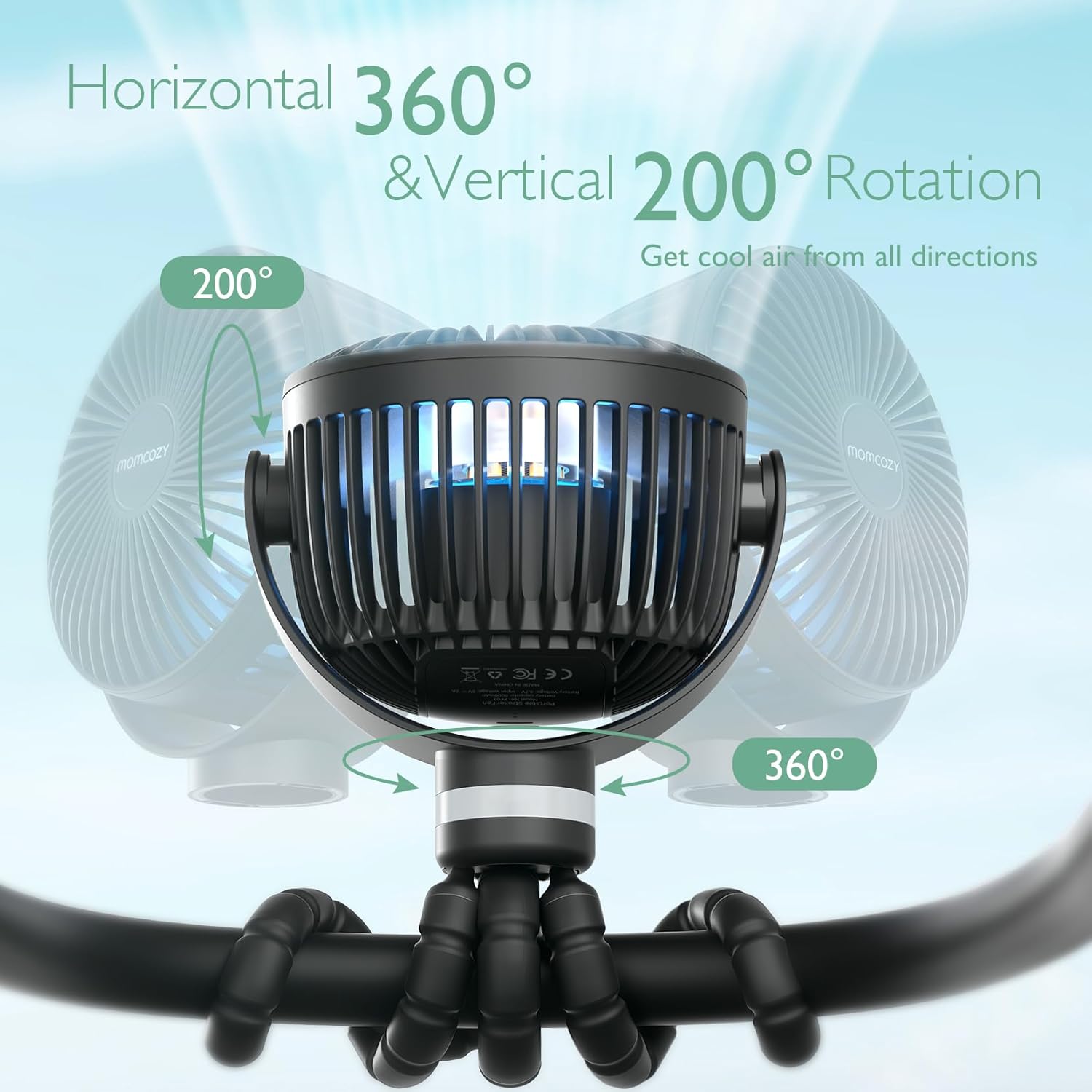 Portable Stroller Fan, 27H Ultra-Long Battery Life, Detachable 4 Speed 360°Rotate, LED Night Light with 2 Modes, USB Rechargeable and Handheld Cooling Fan for Travel, Car Seat