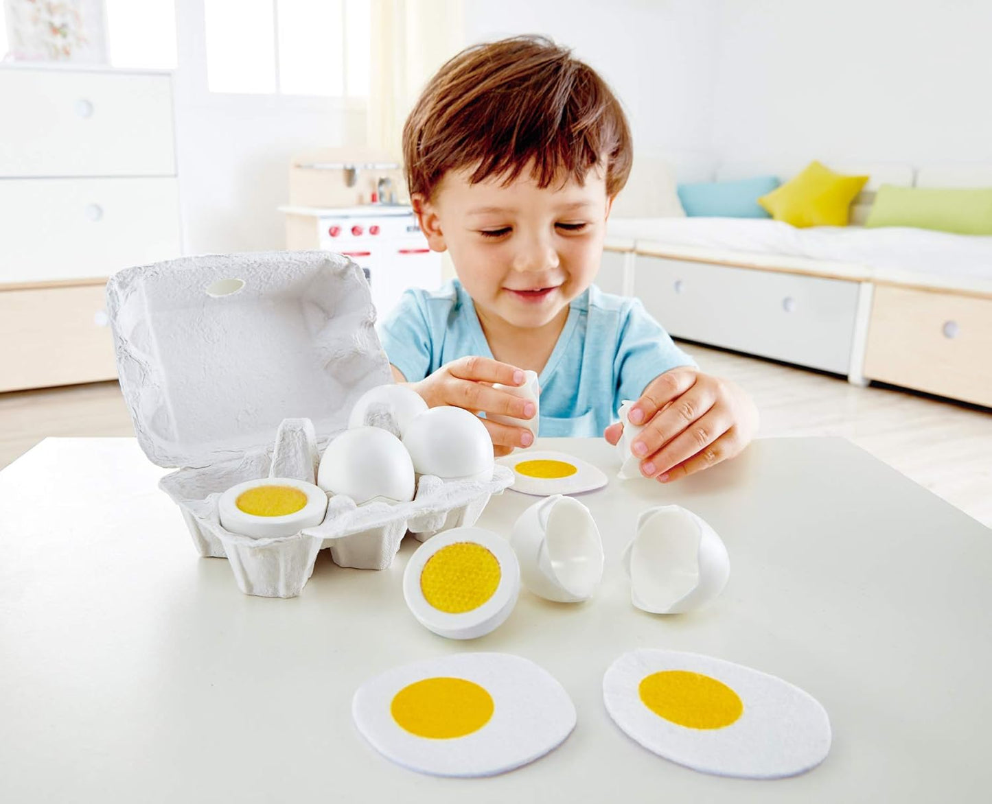 Egg Carton | 3 Hard-Boiled Eggs with Easy-Peel Shell & 3 Fried, Wooden Realistic Educational Toy for Children 3+, White and Yellow (E3156)