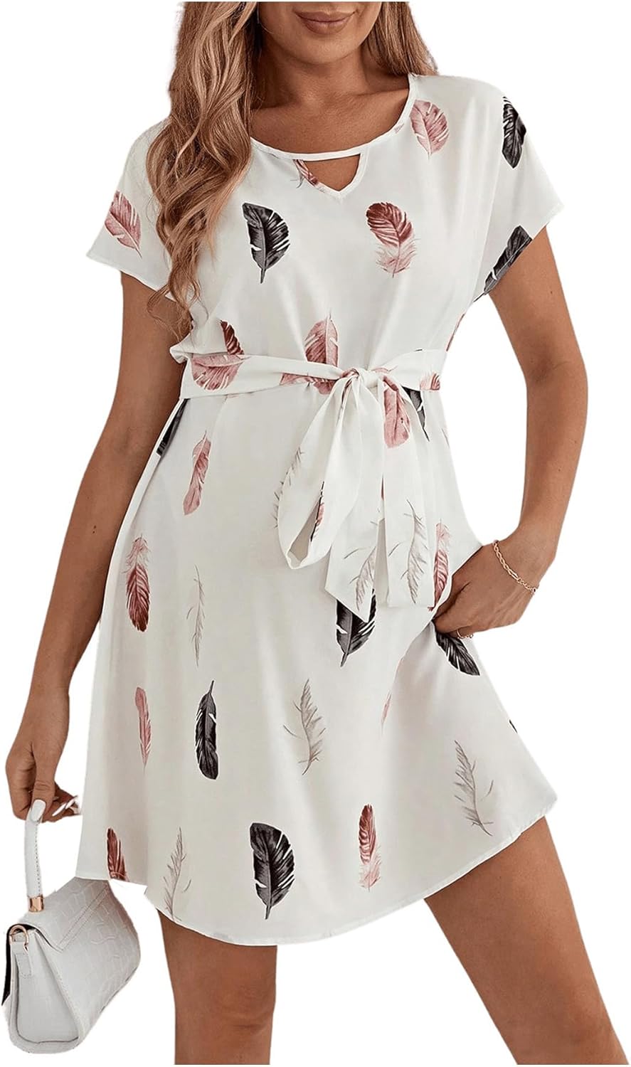 Women'S Maternity Graphic Print Cut Out round Neck Short Sleeve Belted Dress