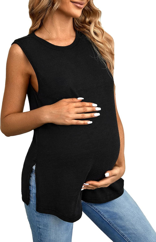Women'S Maternity Casual Sleeveless round Neck Split Hem Pregnancy Tank Top