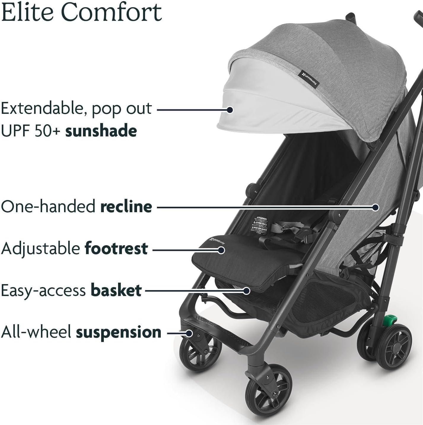 G-Luxe Umbrella Stroller/Lightweight Design for Easy Travel/One-Step Fold + Recline/Xl Basket + Canopy/Cup Holder Included/Greyson (Charcoal Mélange/Carbon Frame)