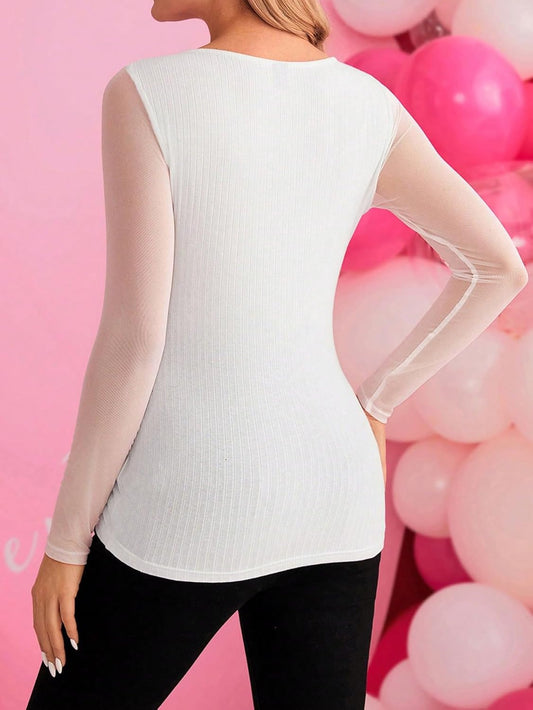 Women'S Maternity Sheer Mesh Long Sleeve Lace Trim V Neck T Shirt Solid Rib Knitted Slim Fit Shirt Tops