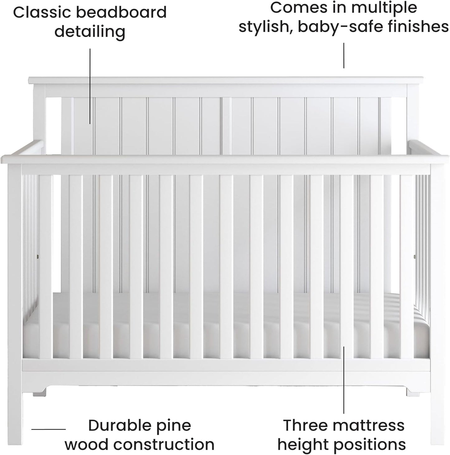 Cottage Flat Top 4 in 1 Convertible Crib, Converts from Crib to Toddler Bed, Daybed and Full-Sized Bed, Fits Standard Crib Mattress (Matte White)