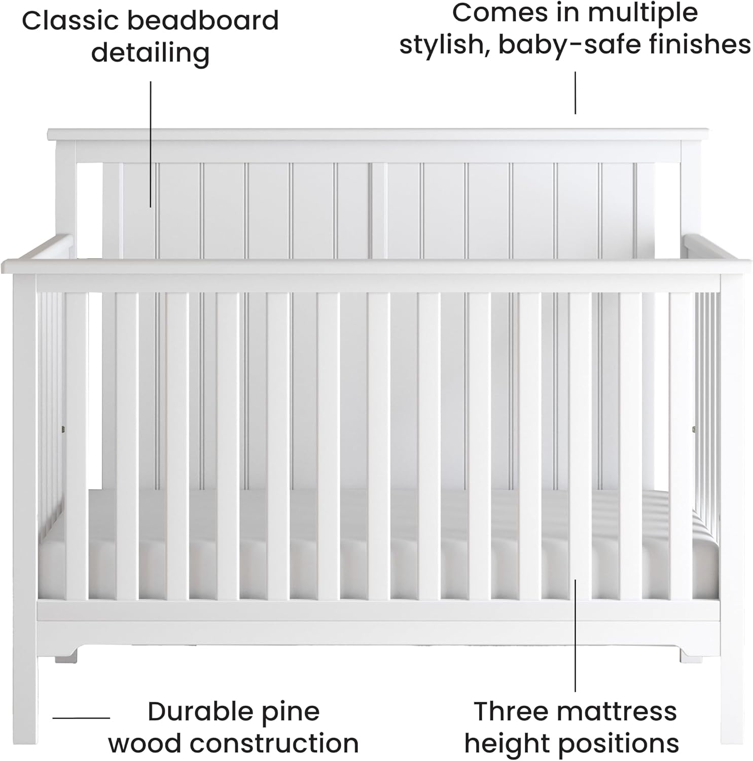 Cottage Flat Top 4 in 1 Convertible Crib, Converts from Crib to Toddler Bed, Daybed and Full-Sized Bed, Fits Standard Crib Mattress (Matte White)