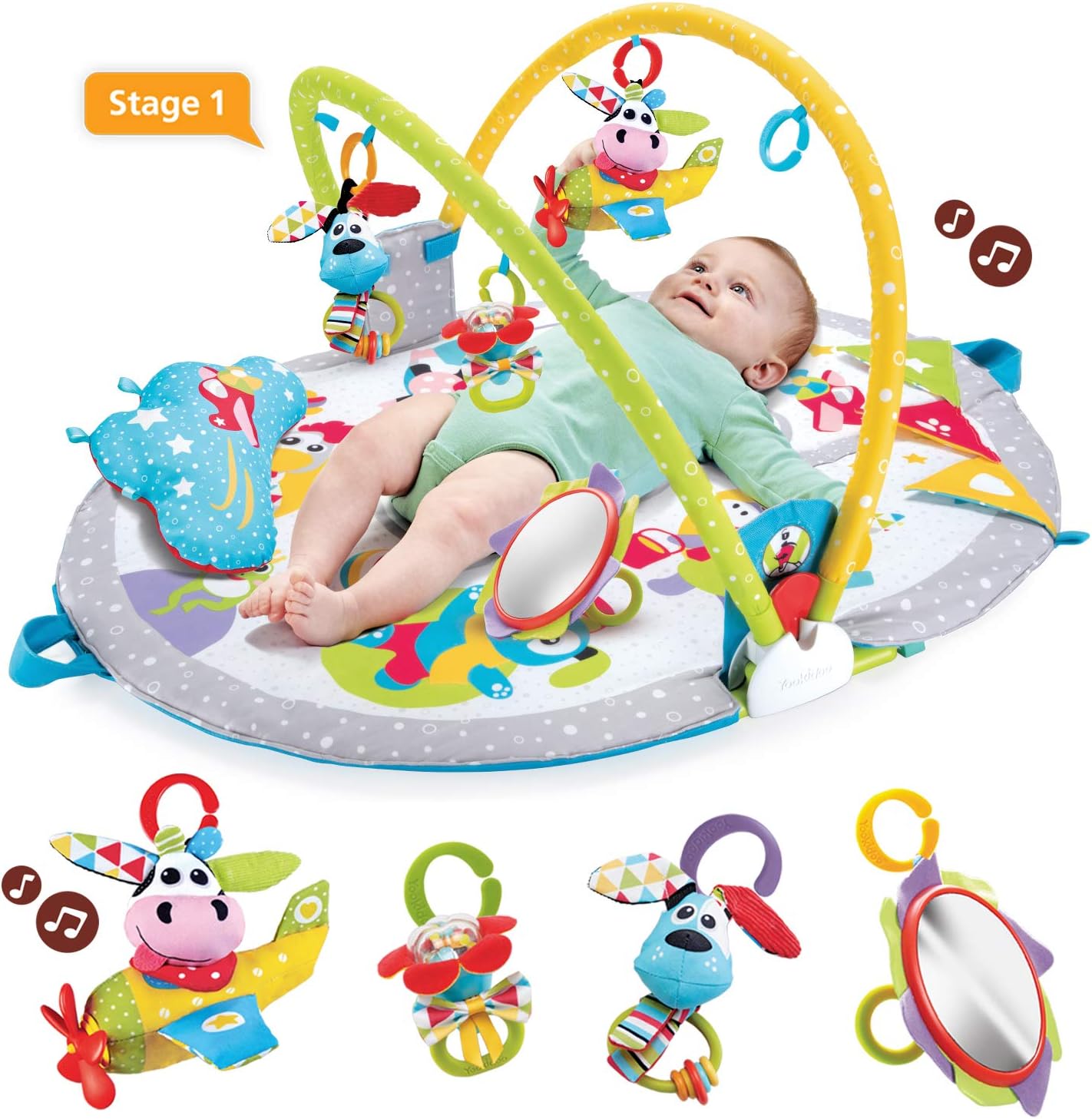 Baby Gym Lay to Sit-Up Playmat. 3-In-1 Newborns Activity Center with Tummy Time Toys, Pillow & Infant Miror. 0-12 Month