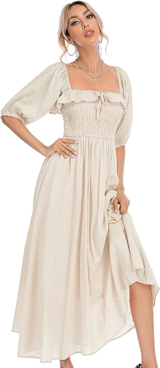 Women Summer Half Sleeve Cotton Ruffled Vintage Elegant Backless a Line Flowy Long Dresses