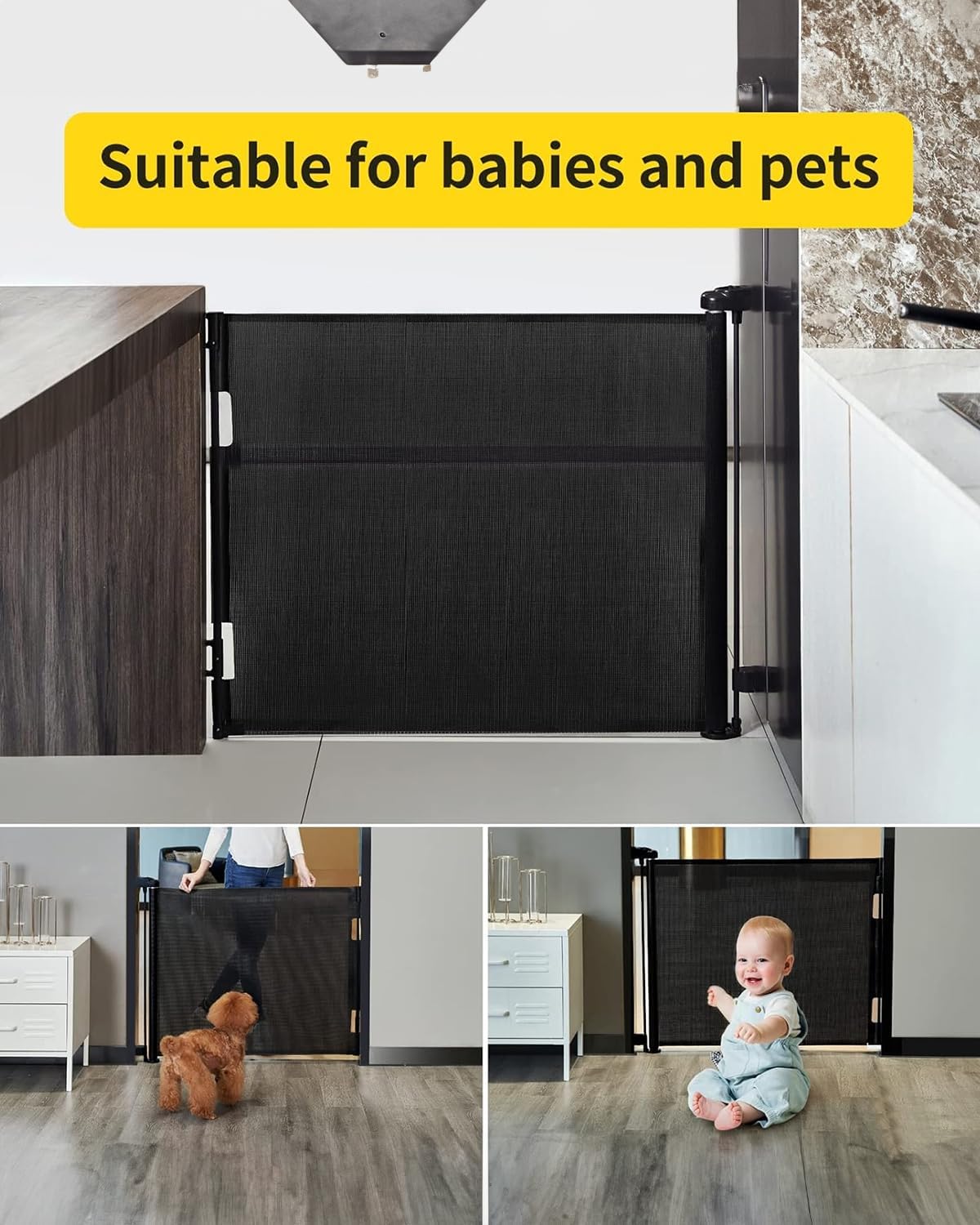 Retractable Baby Gates for Stairs, 55 Wide Mesh Dog Gate for Doorways, 33.6" Tall Easy to Use Pet Fence for the House, Toddler Safety Essentials Indoor&Outdoor, Black