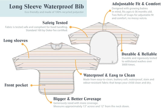 Long Sleeve Mess Free Waterproof Bibs, for Baby Boys and Girls 6-36 Months, Machine Washable, Travel Friendly