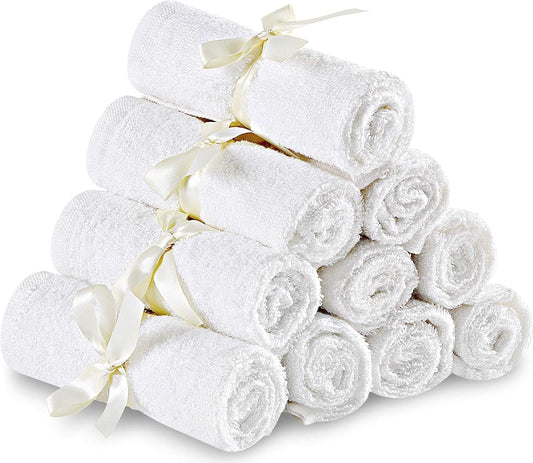 Pack of 10 Viscose and Cotton Washcloths, Premium Quality Soft Face Towels (10 X 10 Inches Reusable Wipes), Perfect Face Flannel for Sensitive Skin of All Ages, White