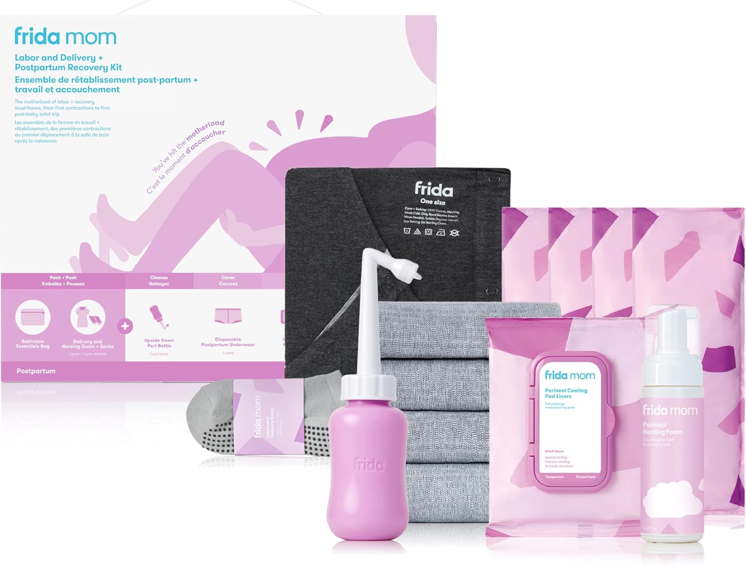 Frida Mom 15Pc Labor, Delivery, & Postpartum Kit Gift Set for Baby Showers & Mom to Be, Includes Peri Bottle, Nursing Gown, Disposable Underwear, Ice Maxi Pads, Pad Liners, Perineal Foam, Socks & Toiletry Bag