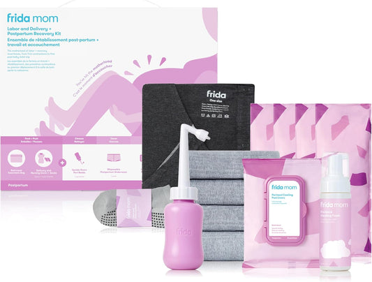 Frida Mom 15Pc Labor, Delivery, & Postpartum Kit Gift Set for Baby Showers & Mom to Be, Includes Peri Bottle, Nursing Gown, Disposable Underwear, Ice Maxi Pads, Pad Liners, Perineal Foam, Socks & Toiletry Bag