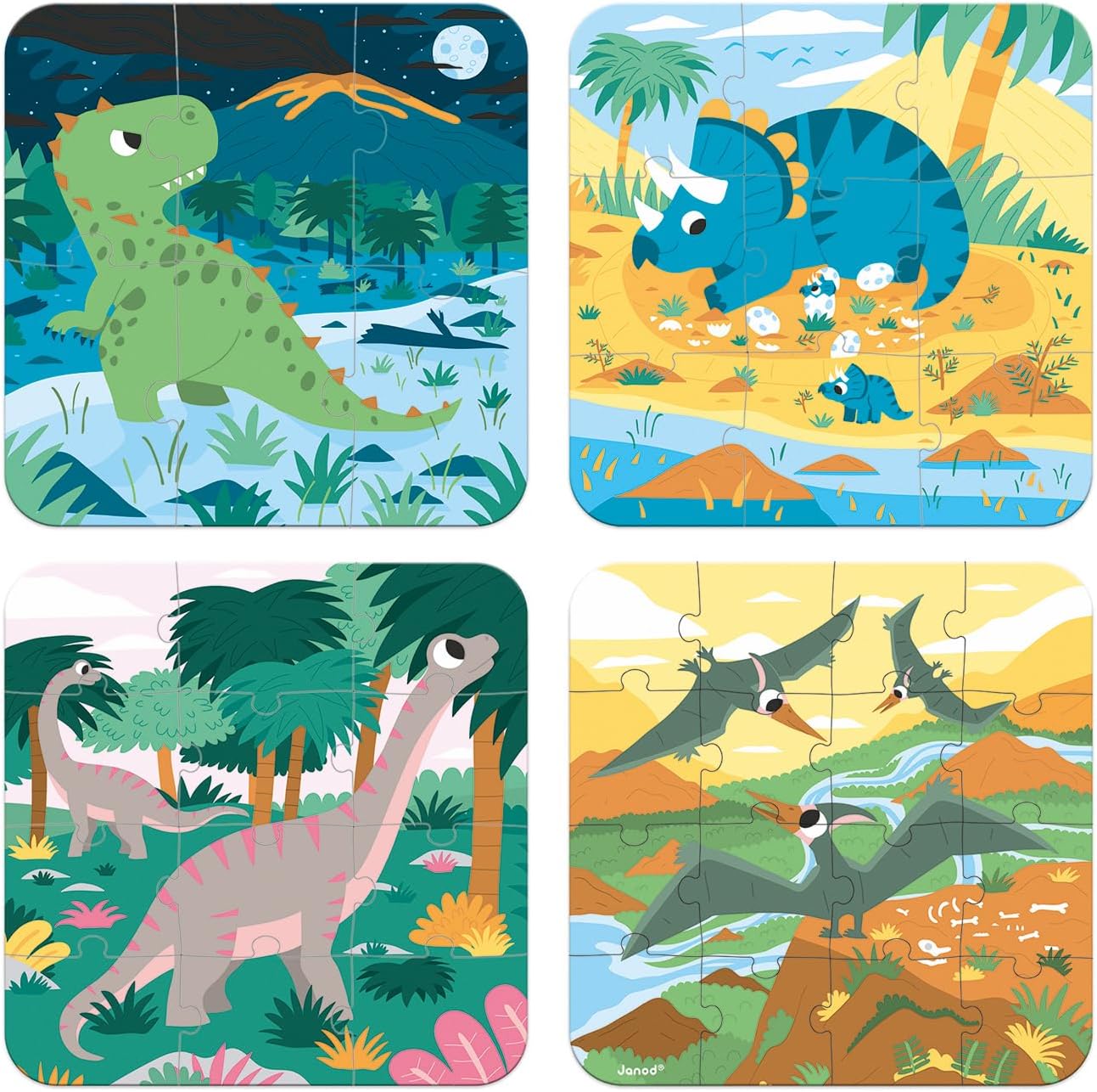 • 4 Progressive Difficulty Dinosaurs Jigsaw Puzzle • 6, 9, 12, 16 Pieces • 20 X 20 Cm Cardboard Puzzle • Educational Toys Gift for Kids Boys and Girls 2-4 Years • J02657