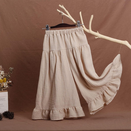 Baby Girls Soft Cotton Linen Wide Leg Ruffled Pants Cropped Summer Flowy Casual Palazzo Pants for Toddler Pants Girls