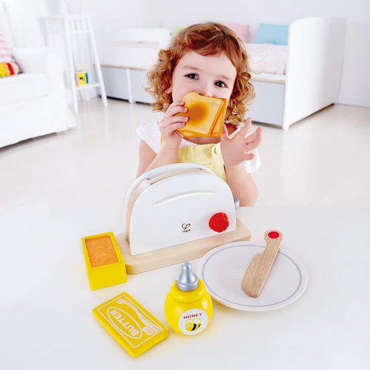 International International White Wooden Pop-Up Toaster Set, Pretend Play Kitchen Accessories for Kids Preschoolers