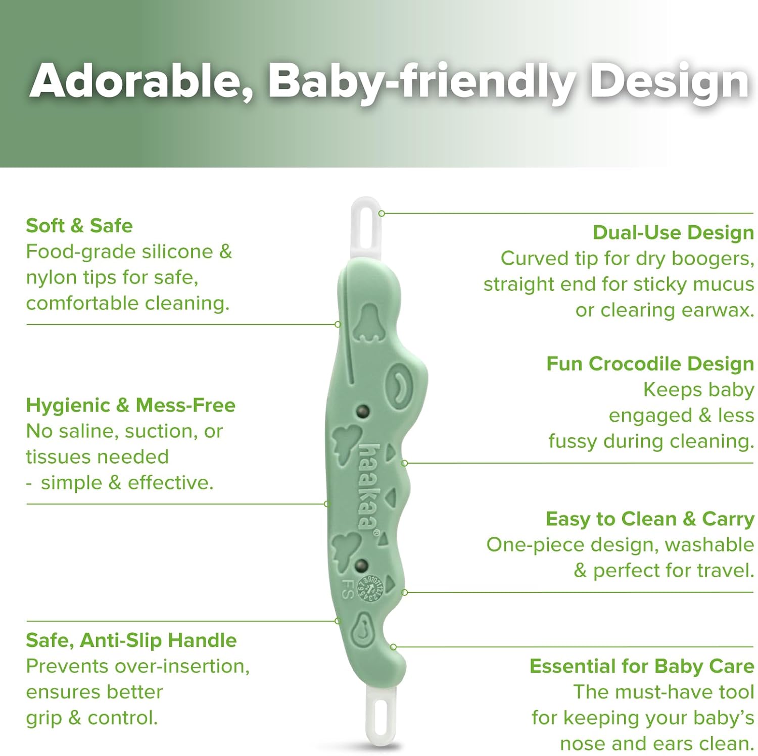 Baby Nose Cleaner & Ear Wax Removal Tool,The Unique Crocodile-Shaped Design,Baby Essentials-Pea Green
