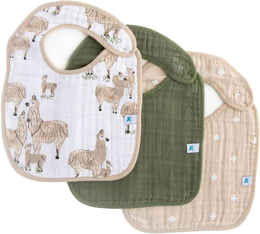 Cotton Muslin Classic Bib 3 Pack- 100% Cotton - Machine Washable - Softer with Every Wash - Playful Designs - 3 Lightweight, Breathable Layers - for Boys and Girls (Llama Llama Set)
