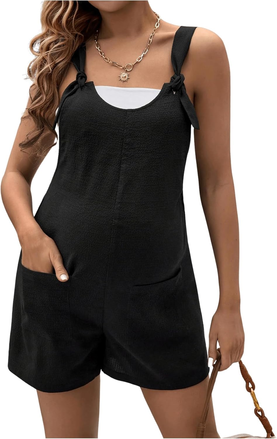 Women'S Maternity Tie Knot Wide Strap Suspender Overall Shorts Jumpsuit Sleeveless Romper with Pocket