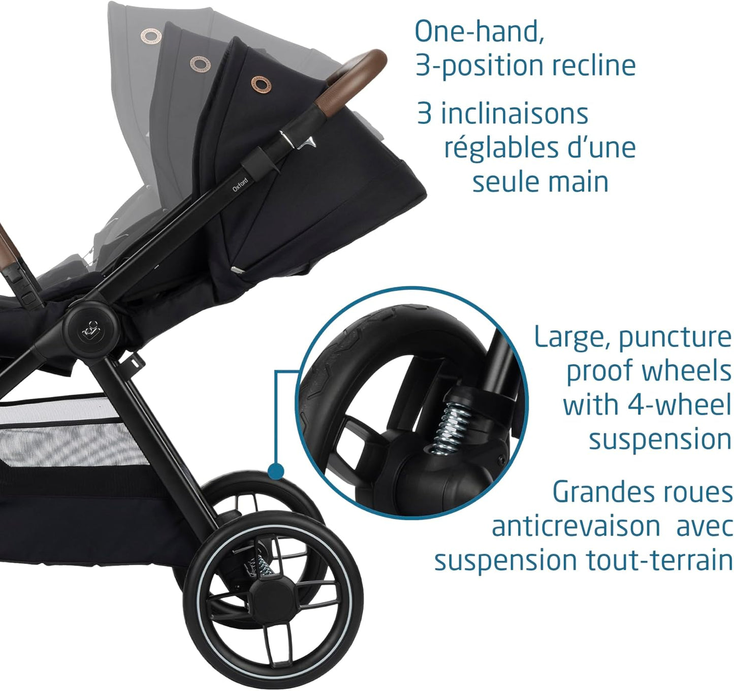 Oxford Stroller, 4 Modes of Use, Spacious Seat, Compact Fold, All Wheel Suspension, Use with Mico Infant Car Seat to Make a Travel System (Sold Separately), Essential Black