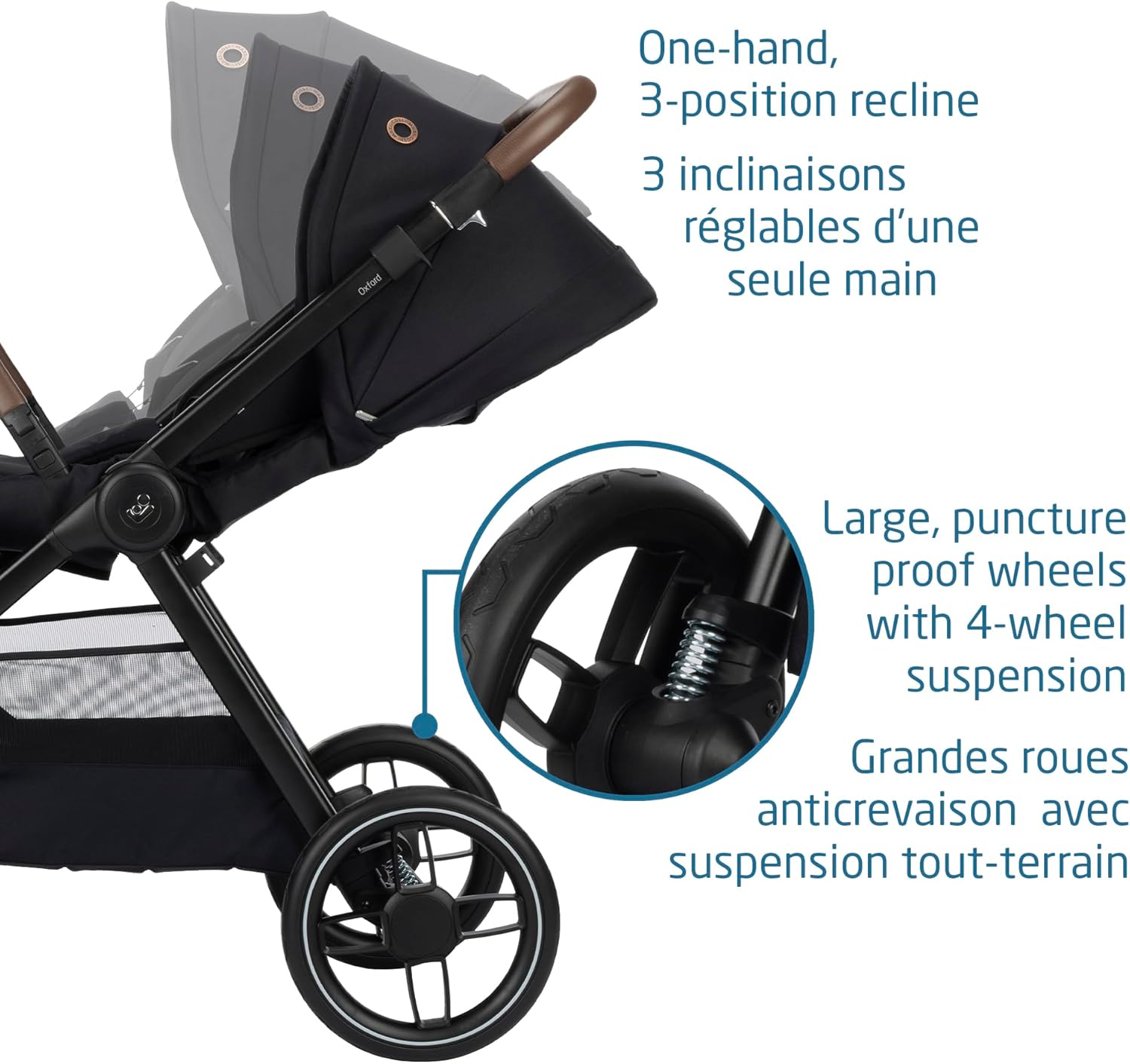 Oxford Stroller, 4 Modes of Use, Spacious Seat, Compact Fold, All Wheel Suspension, Use with Mico Infant Car Seat to Make a Travel System (Sold Separately), Essential Black