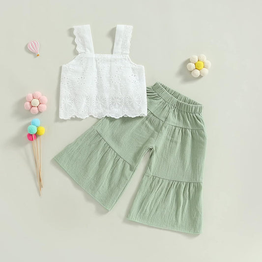 Summer Clothes Toddler Girl Camisole Outfit Infant Baby Cotton Linen Lace Smocked Sleeveless Tank Top Pants Set 0-7T