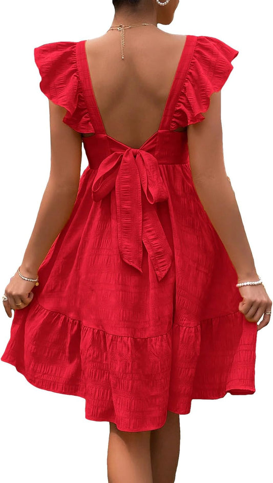 Women'S Maternity Tie Backless Ruffle Trim Short Sleeve Square Neck a Line Dress Solid Plain Flared Dresses
