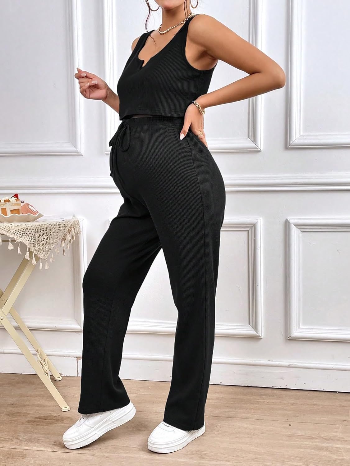 Women'S Maternity 2 Piece Pajamas Set Rib Knit Sleeveless Crop Tank Top and Drawstring Waist Pants Loungewear
